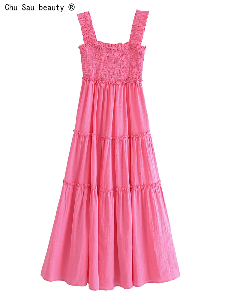 

2022 Spring New Holiday Style Casual Folds Solid Color French Vintage Sleeveless Elastic Loose Dress For Women Vestido