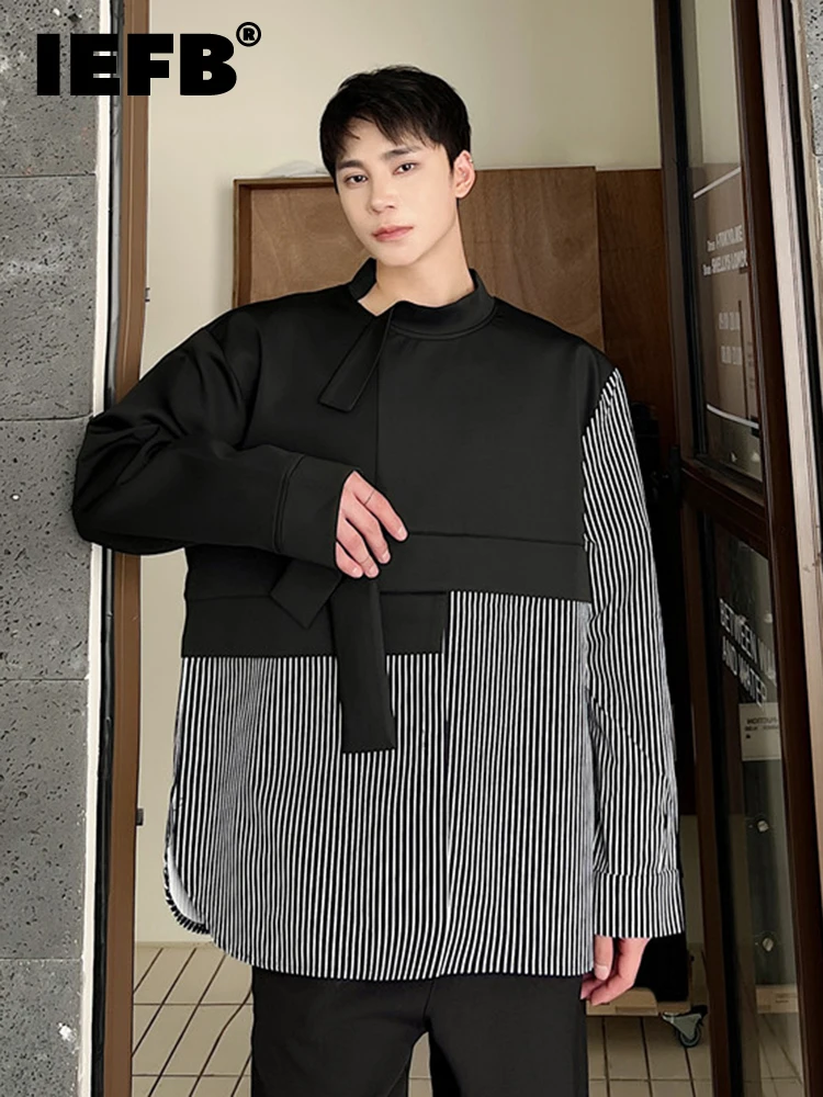 

IEFB Men Shirts Design Splice Stripe Fashion Neck Sweater Fashion Versatile Casual 2023 Darkwear Long Sleeve Male Tops 9A5602