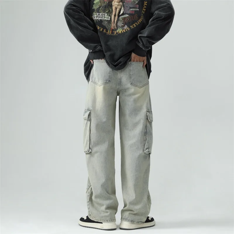 Baggy Jeans Men Fashion Retro Pockets Cargo Jeans Men Japanese Streetwear Hip Hop Loose Straight Denim Pants Mens Trousers M-2XL