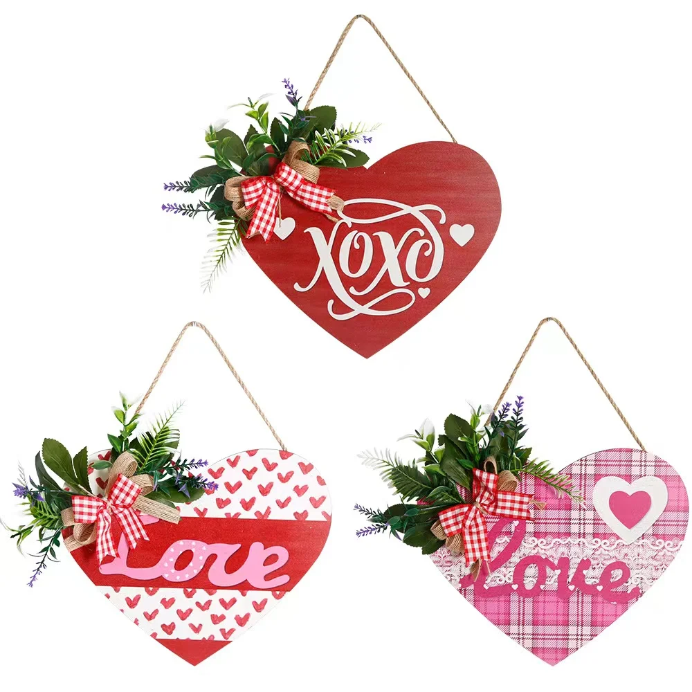 

2023 Valentines Garland Door Handing Decorations Wooden Heart Shaped Flower Wreath New Hot Pink Bowtie Pendant Home Decor Favor