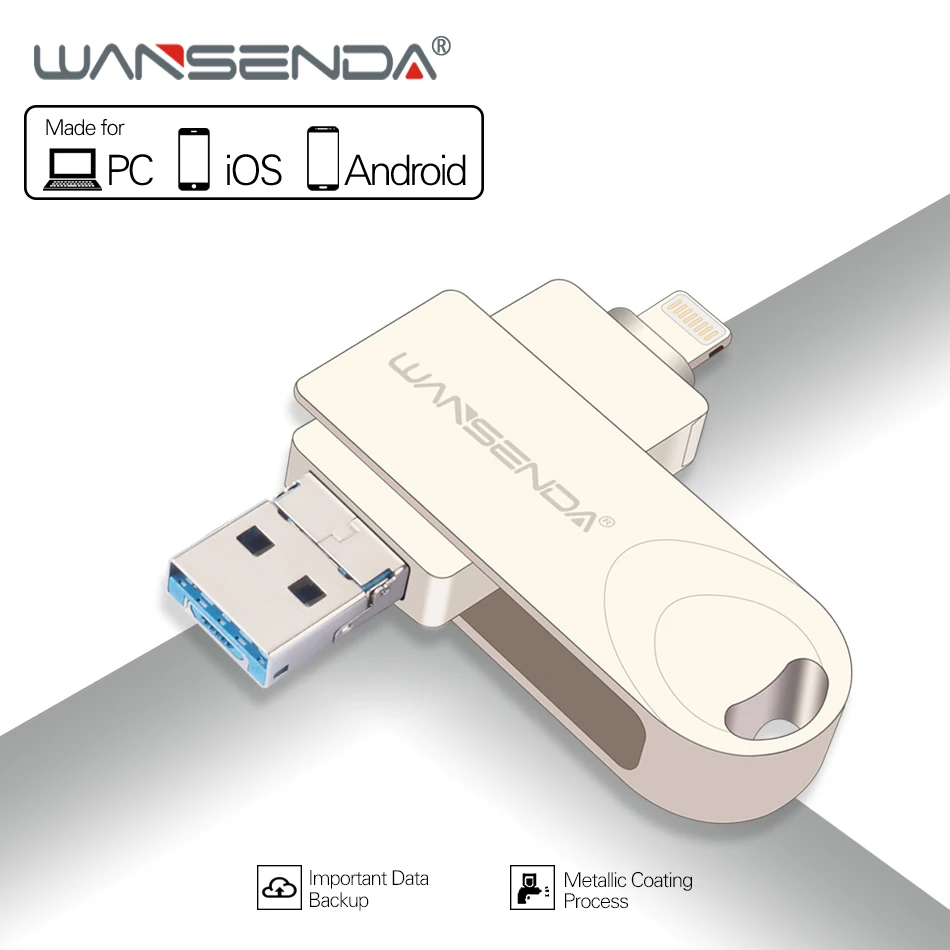 

WANSENDA Rotation USB Flash Drive 32GB OTG Pen Drive Cle USB Stick 3.0 64GB 128GB 3IN 1 Pendrive for iPhone /Android/Tablet PC