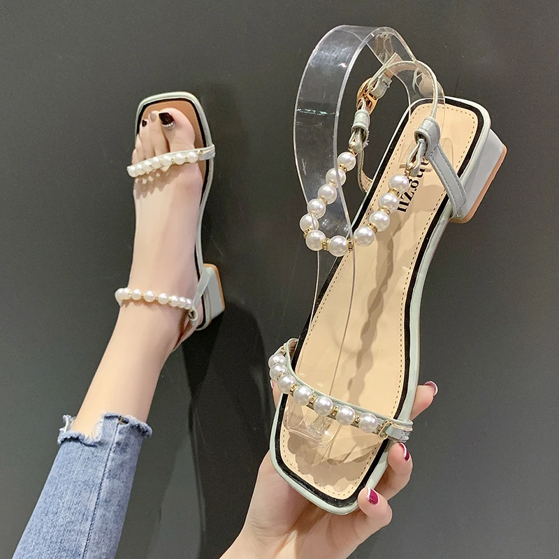 

Босоножки женские прозрачные с открытым носком, модные сандалии с жемчугом и одной пряжкой, пикантные, лето 2023