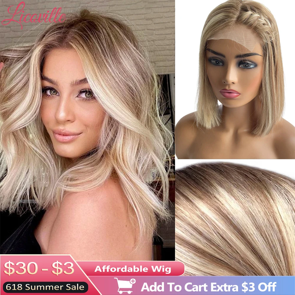 

Brown Blonde Highlight Lace Front Wig Brazilian Human Hair Bob Wig Straight Short Ombre 4x4x1 T Part Wigs for Women Licoville
