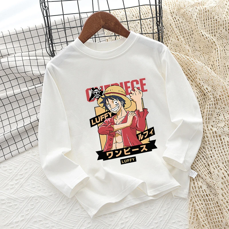Фото Детская футболка One Piece с длинными рукавами, модная детская одежда в стиле хип-хоп, хлопковая футболка с круглым вырезом для малышей, летняя одежда с героями мультфильмов и аниме для малышей №3