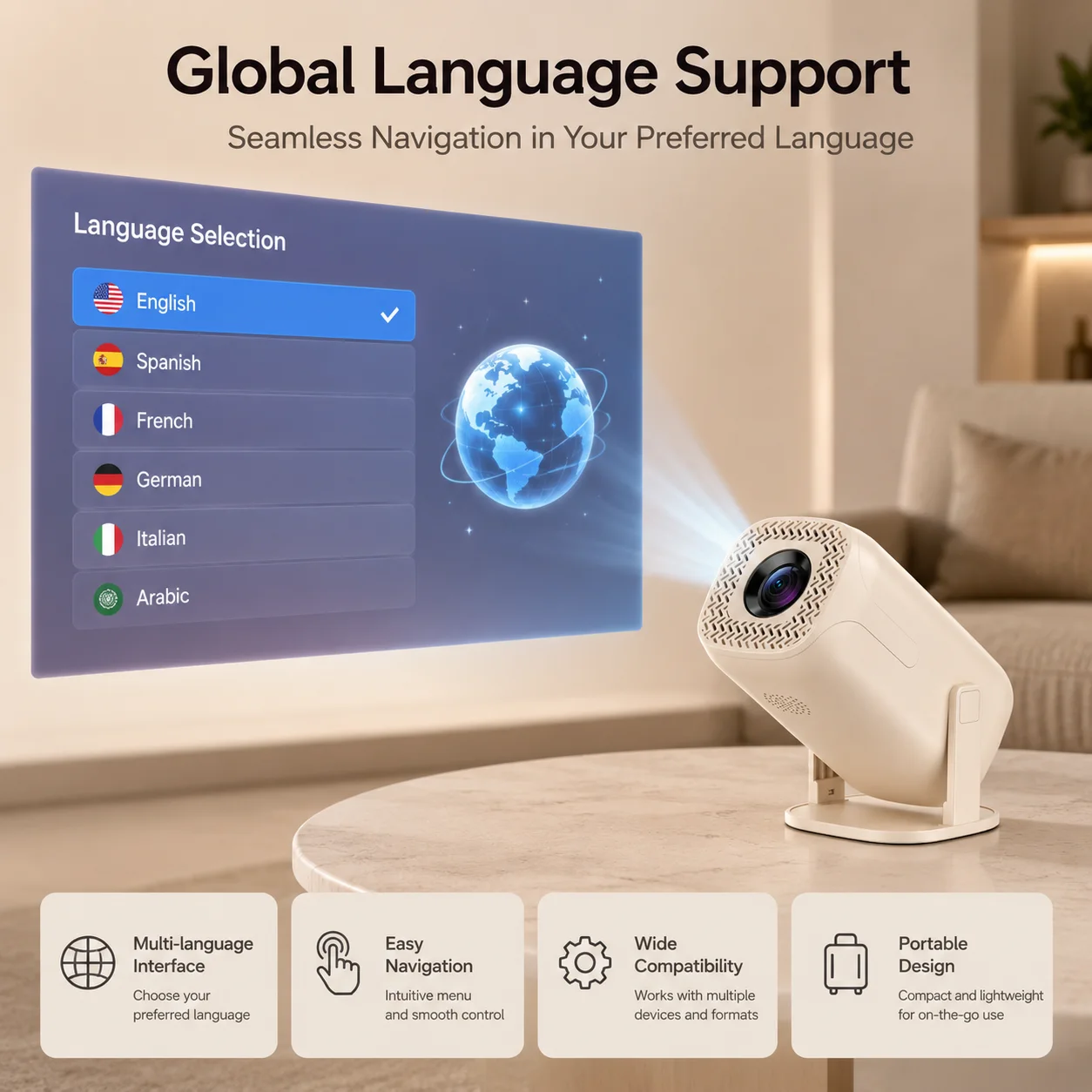 Фото 2026 V2 Нативный 4K Smart мини-проектор, LED, двойной Wi-Fi, Bluetooth, более 500 телевизионных каналов в 80+ регионах, домашний кинотеатр с низким уровнем шума №2
