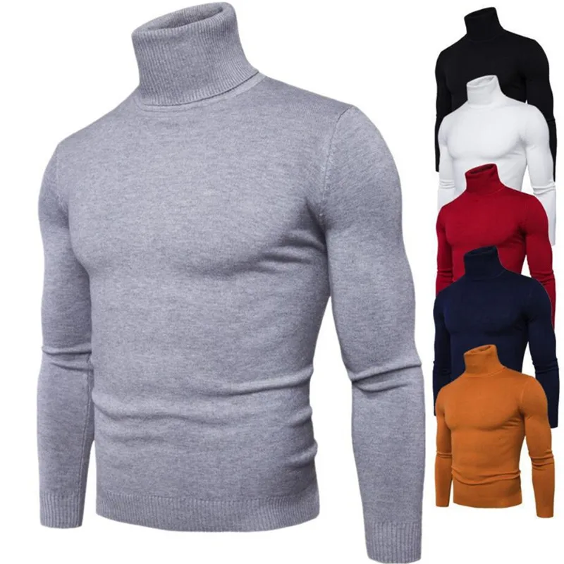 

Men Pullover Top Autumn Winter Turtle Neck Solid Color Long Sleeve Warm Sweater Slim Fit Knitwear Male Clothing