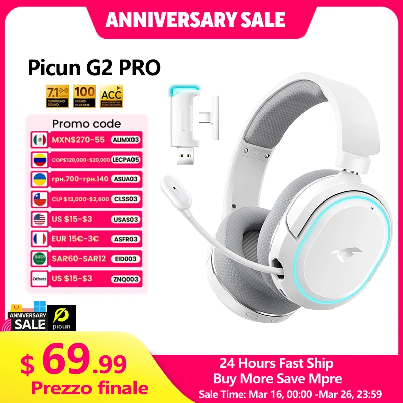 Фото Игровая гарнитура Picun G2PRO 2.4G с проводным подключением, микрофоном, 40-мм динамиками и объемным звуком 7.1, накладные наушники для ПК, PS4, PS5. №1
