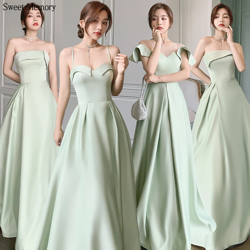 

M543 Light Green Long Satin Bridesmaid Dresses Sexy Women Princess Prom Gown Girl Banquet Wedding Party Ball Dress
