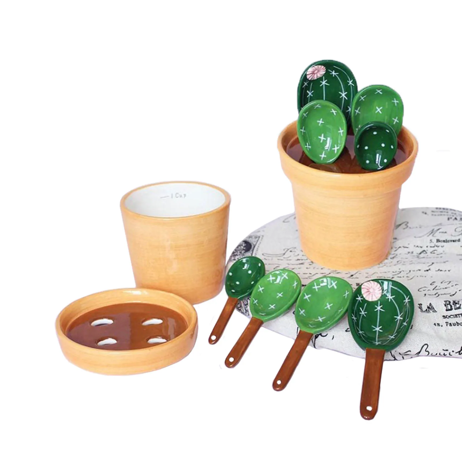 Potted Cactus Measuring Spoon Set Cute Small Cacti Spoons and Cups Ceramics Spoons and Measuring Base Cup