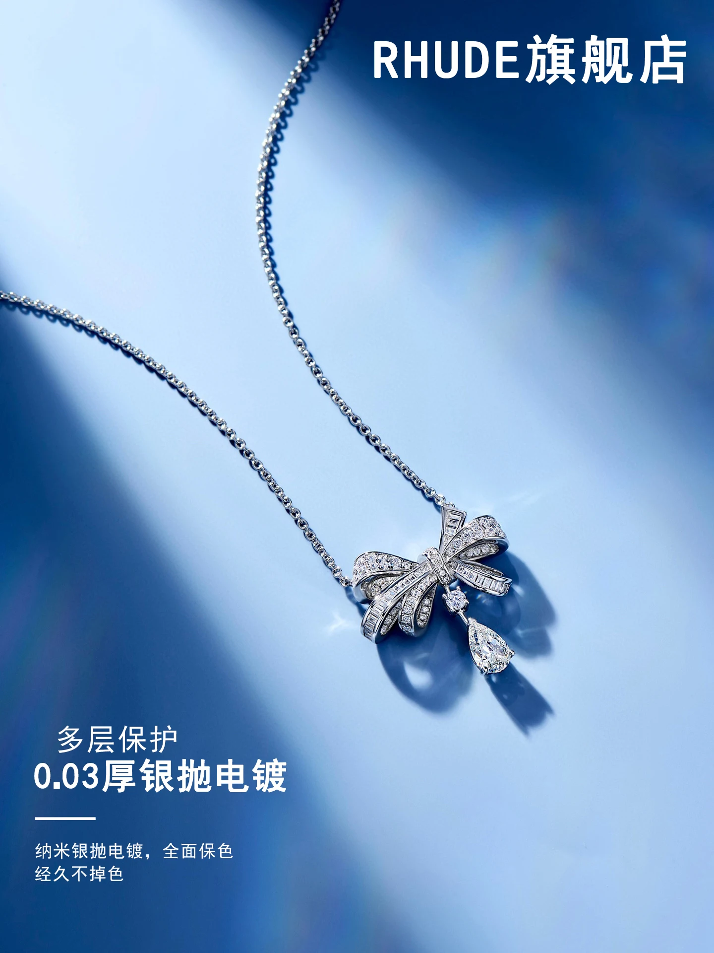 S925 Silver Full of Crystals Micro Inlaid Zircon Bow Water Drop Necklace Women Light Luxury Design Qixi Gift for Girlfr...