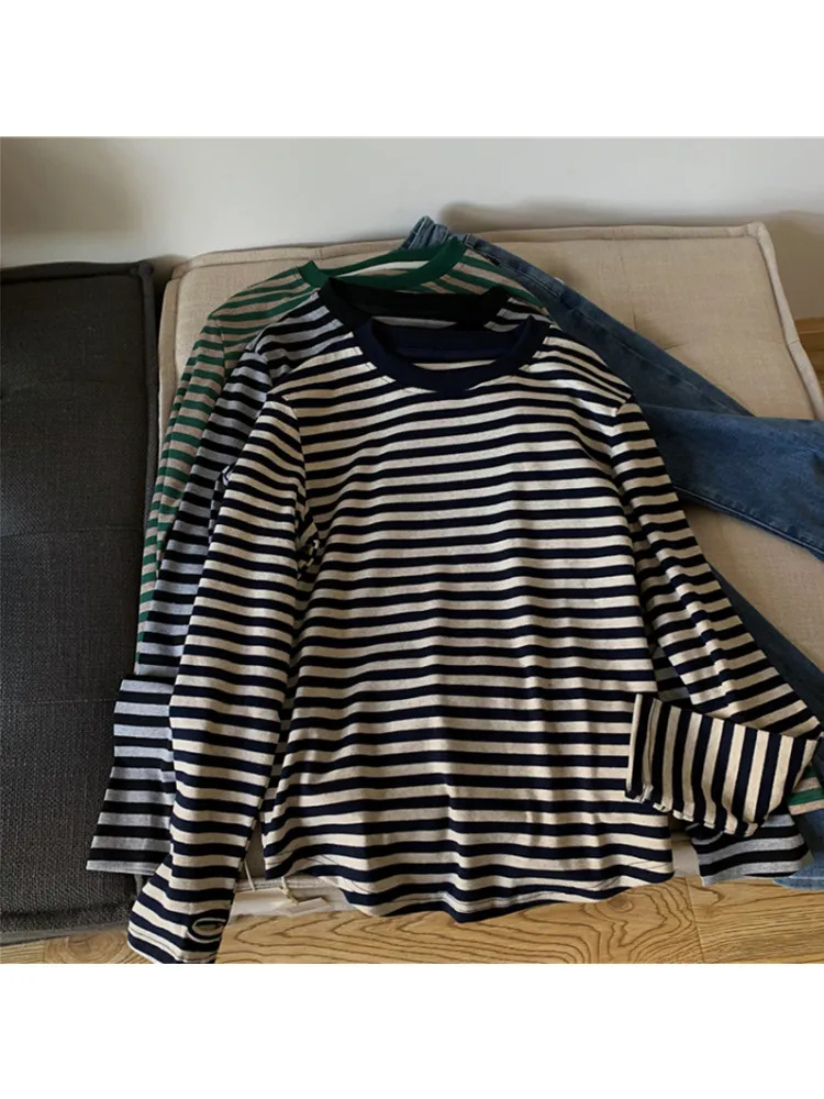 

Black White Striped Long-sleeved T-shirt Women's Spring Autumn New Korean Version All-match Loose Cotton Bottoming Top Female
