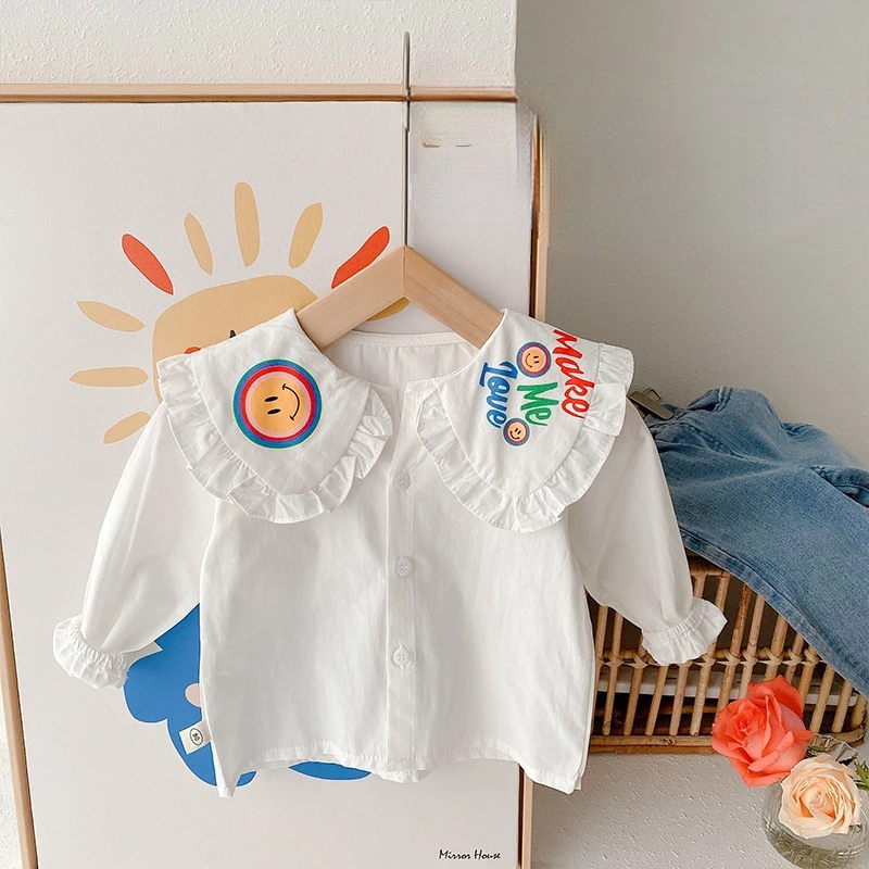 

Весенние Рубашки с отложным воротником для девочек с мультипликационным принтом, хлопковая Повседневная рубашка с длинным рукавом в Корей...