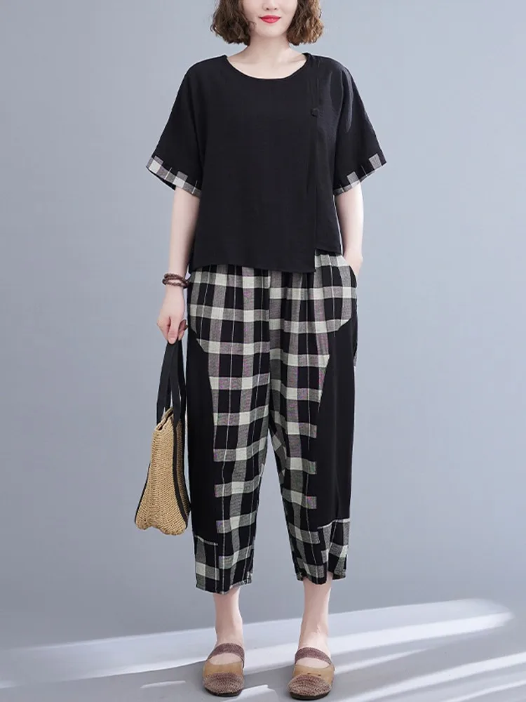 

Женские повседневные костюмы из 2 предметов, винтажные клетчатые свободные женские хлопковые топы и шаровары в Корейском стиле, модель B2531 на лето, 2023