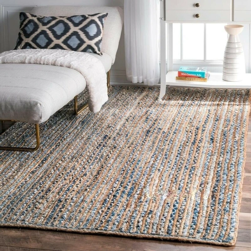 Rug Natural Jute Denim Handmade Reversible Area Rugs Rectangle Braided Floor Mat Carpets for Living Room