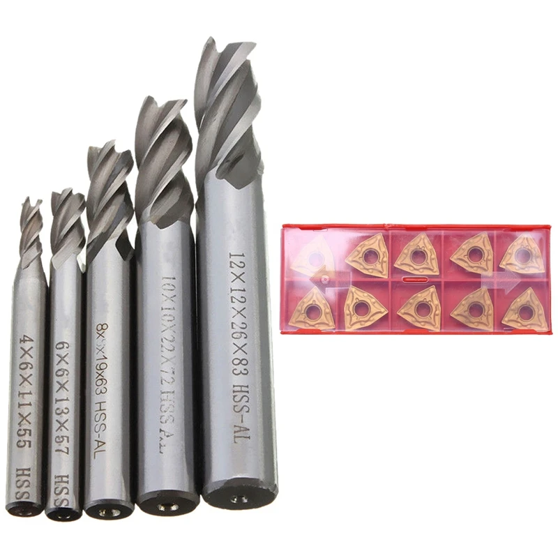 

Hot 5Pcs/Set Straight Shank End Mill Cutter 4 Flute Hss Drill Bit 4/6/8/10/12Mm & 10Pcs Wnmg080404 Carbide Inserts Blades