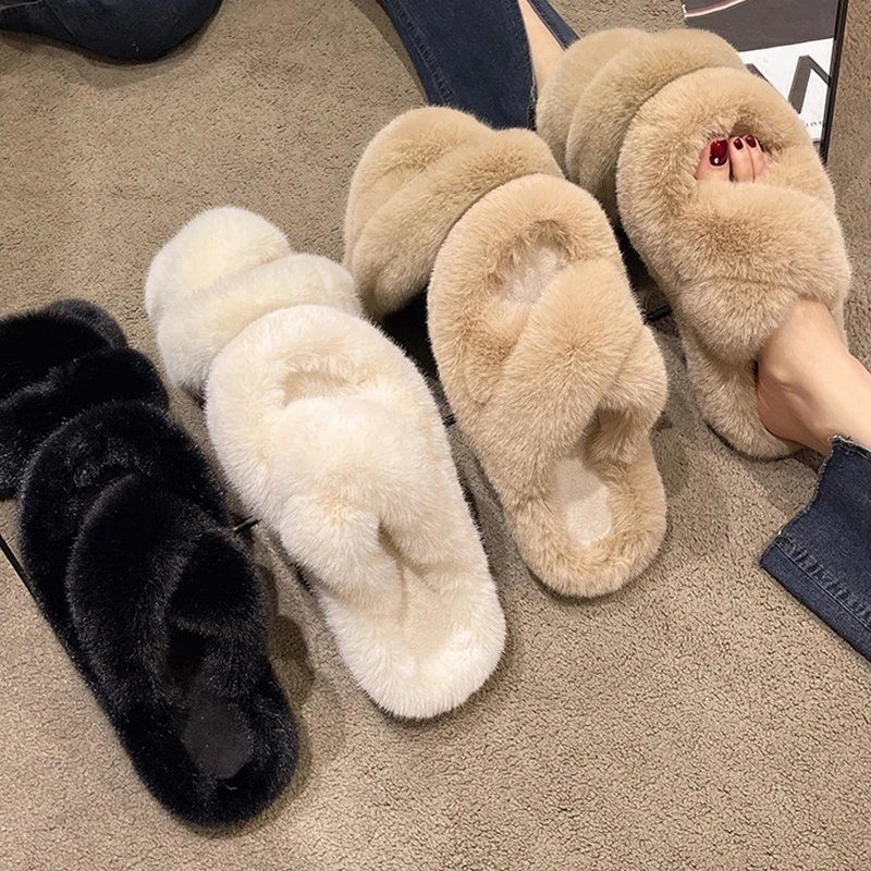 

Thick Bottom Fur Slippers Ladies 2022 Autumn and Winter New Outer Wear Cross Plush Slippers Home Non-slip Cotton Slippers Women