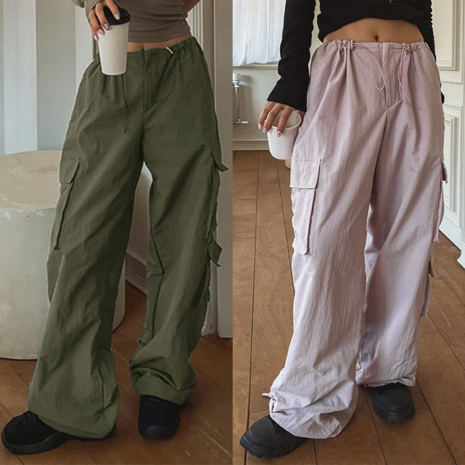 

Women Wide-Leg Pants Loose Solid Color Y2K Parachute Cargo Pants Pocket Drawstring Hip-Hop Summer Vintage Streetwear 2023 штаны