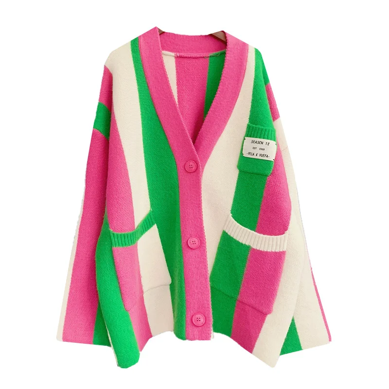 

Spring Autumn Vertical Stripe Women Sweater Coat New Korean Loose Lazy Knit Female Cardigan Jacket