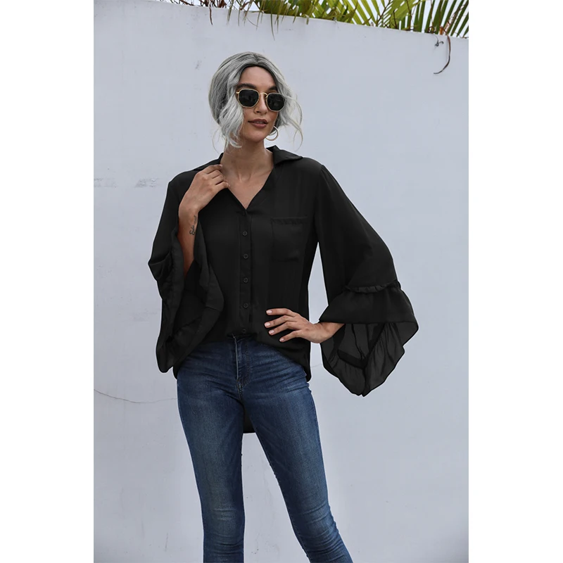 

New Spring Summer 2022 Women Irregular Long Sleeve Lotus Leaf Sleeve Chiffon Cardigan Tops Clothes Shirt Blouses