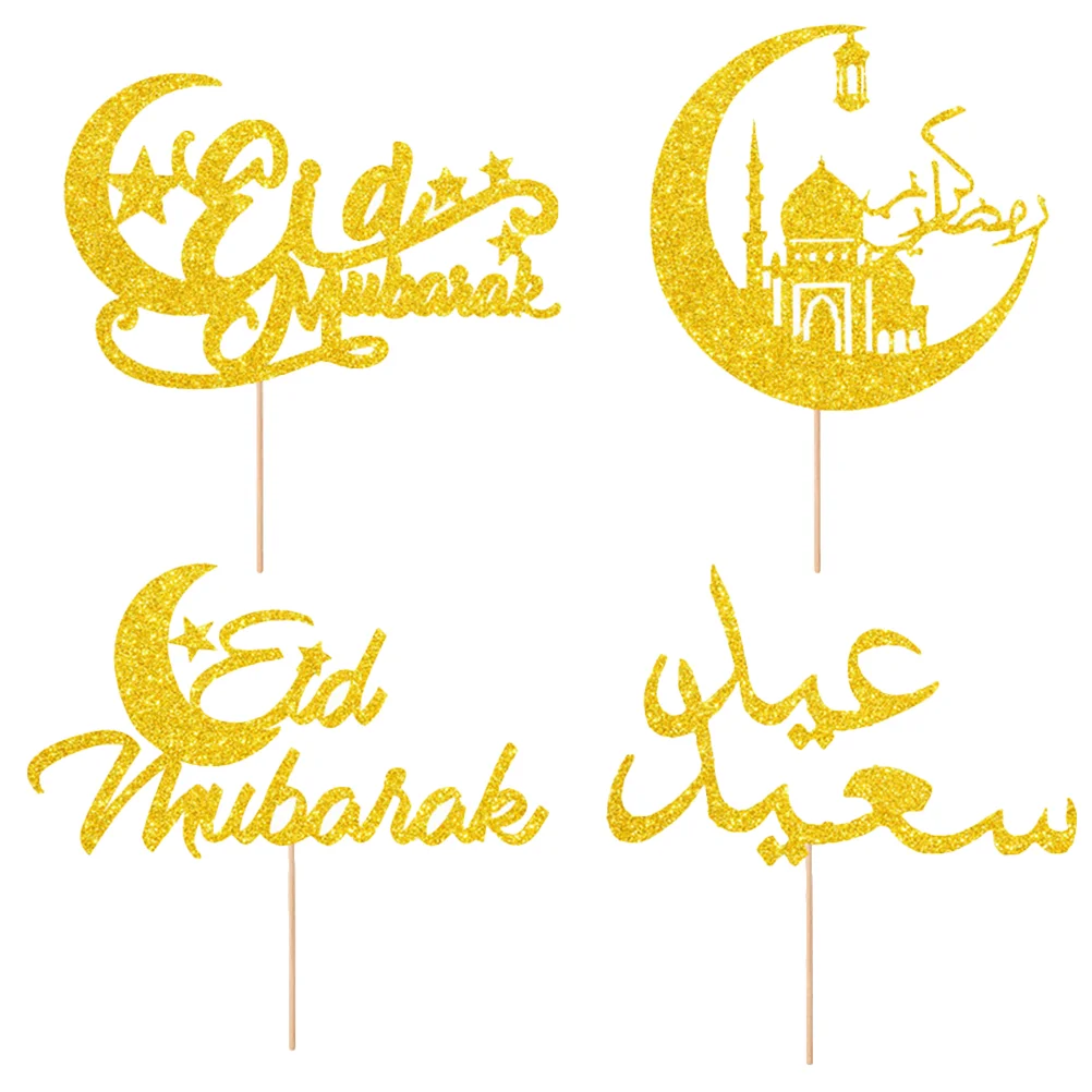 

4 Pcs Card Eid Al- Trendy Decor Eid Mubarak Cupcake Topper Gift Cake Insert Toppers Paper Dessert Toppers