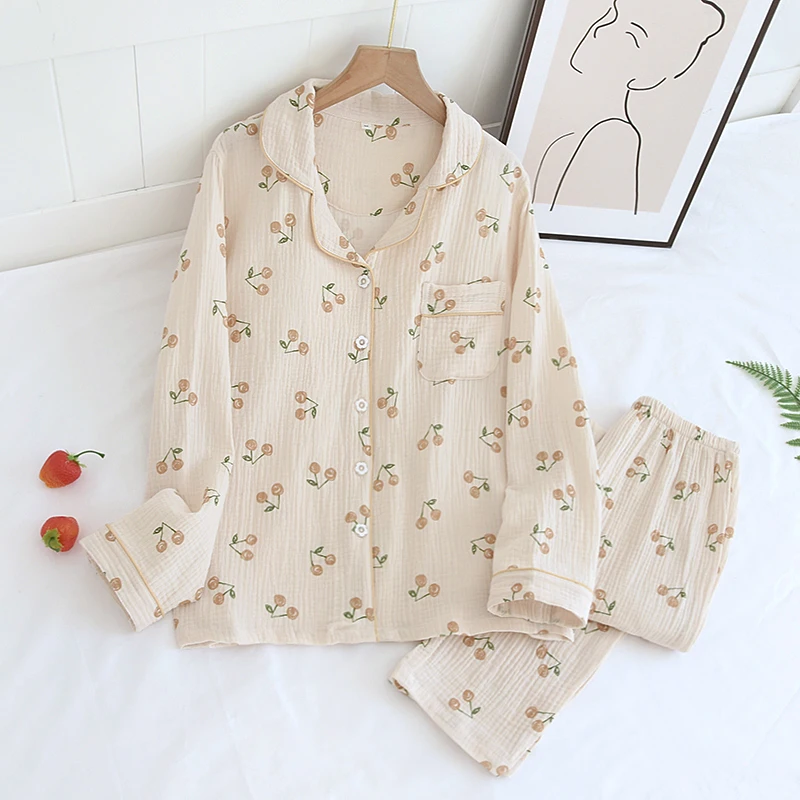 New Spring Summer Pure Cotton Gauze Pajamas Women Homewear Long Sleeve Trousers Japanese Cute Turn-down Collar Casual Nightwear