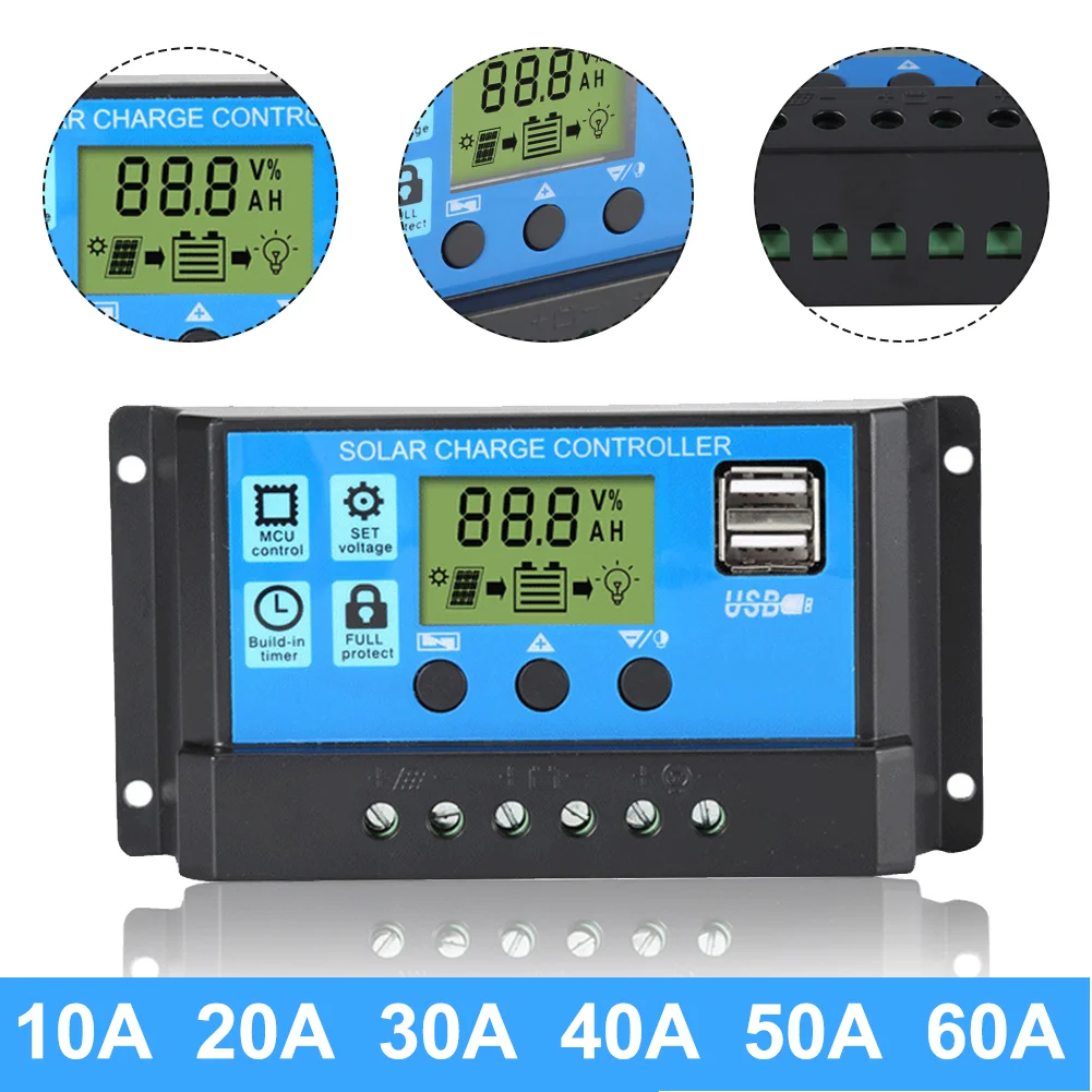 

60A 50A 40A 30A 20A 10A PWM Solar Charge Discharge Controller 12V 24V Auto Solar Cell Panel Charger Regulator with Dual USB LCD