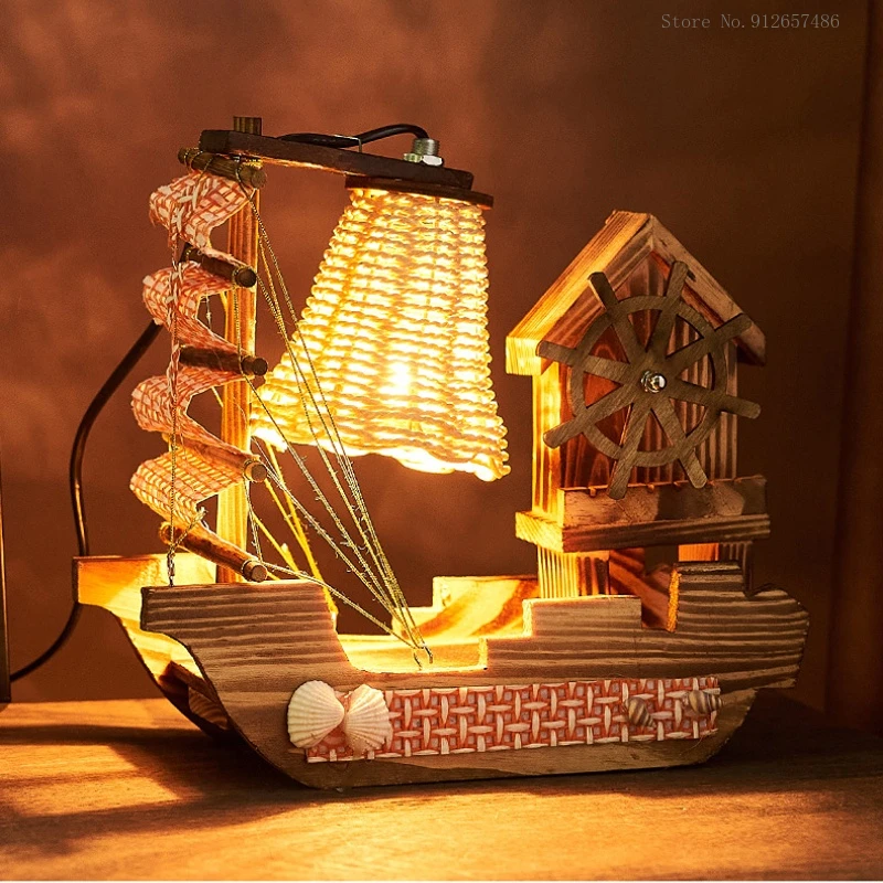 

Деревянный светодиодный ночник для парусника, настольная лампа в пасторальном стиле с декоративными кнопками для украшения стола, офиса, к...