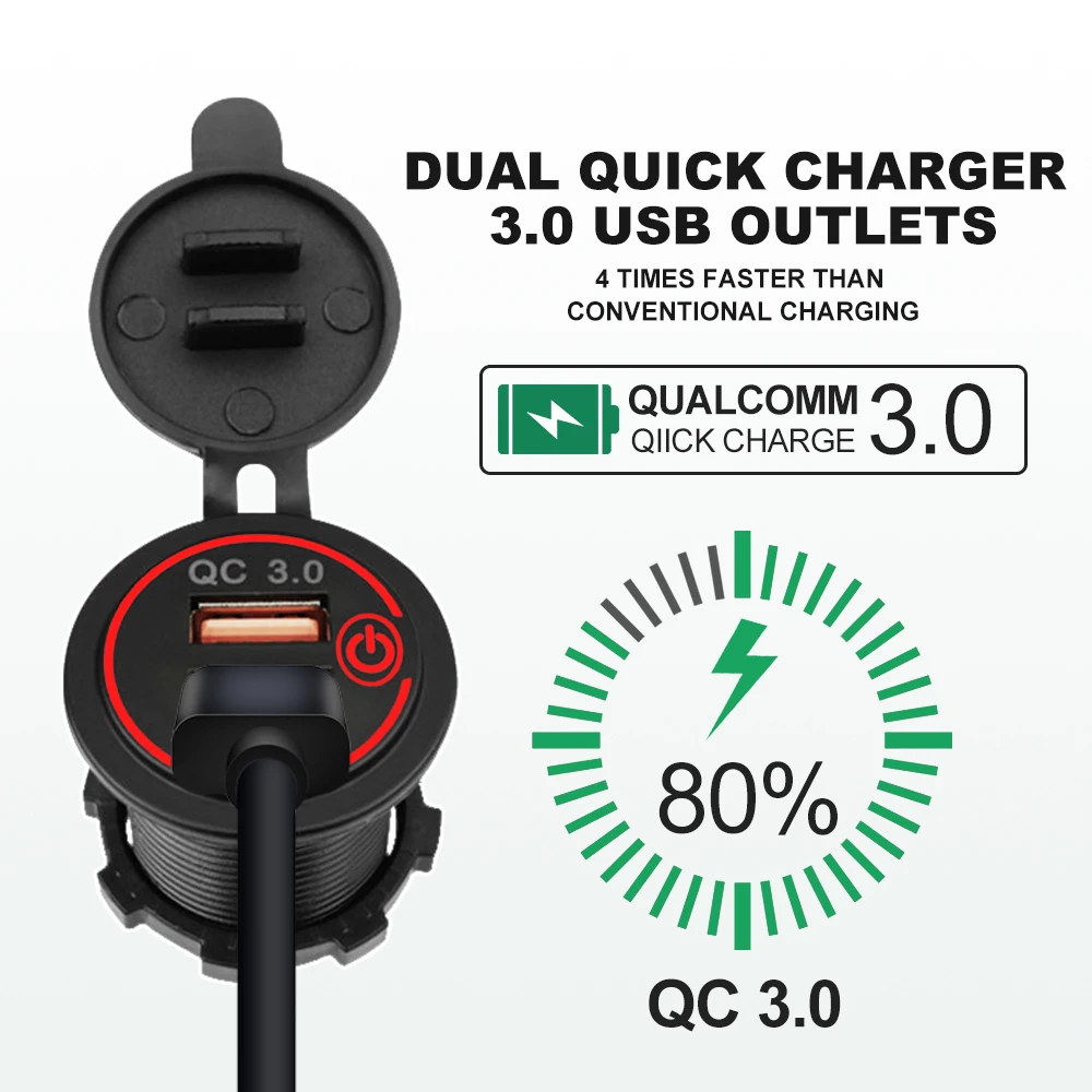 QC 3.0 Dual USB Car Charger Socket with Cable Waterproof Fast Charge Power Outlet for 12V-24V Motorcycle Boat Marine Truck ATV | Автомобили