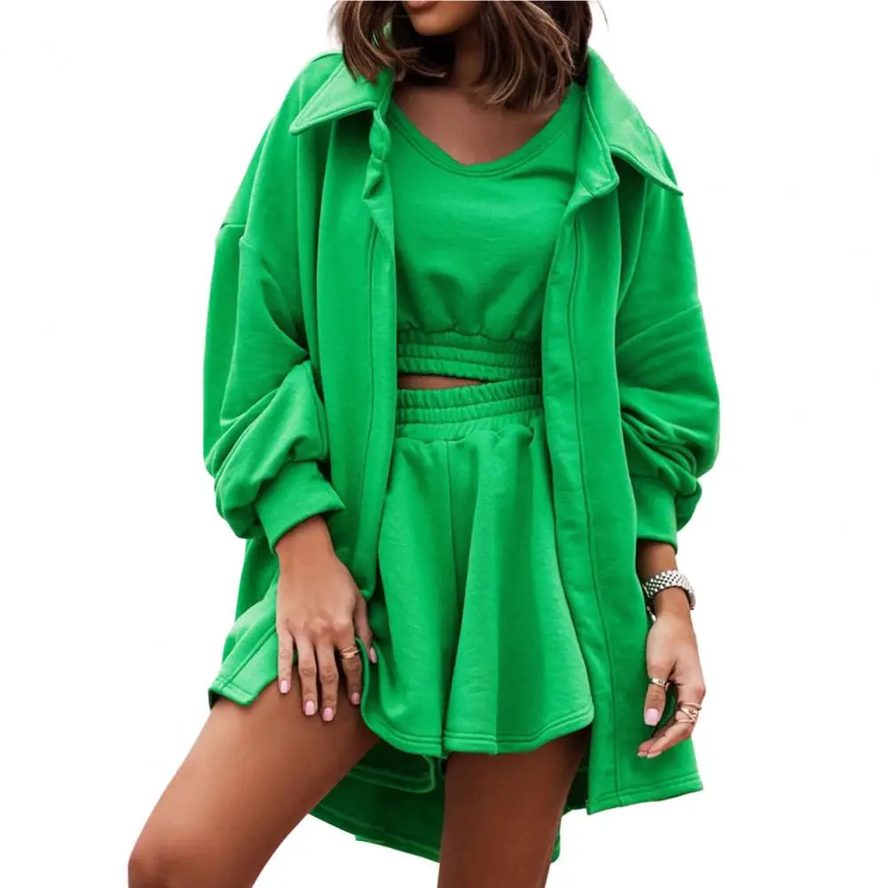 

3 Pcs Women Casual Coat Suit Solid Color Loose Waist-exposed Shirt +Stretchy Waist Shorts +Cardigan Coat Women Tracksuit Sports