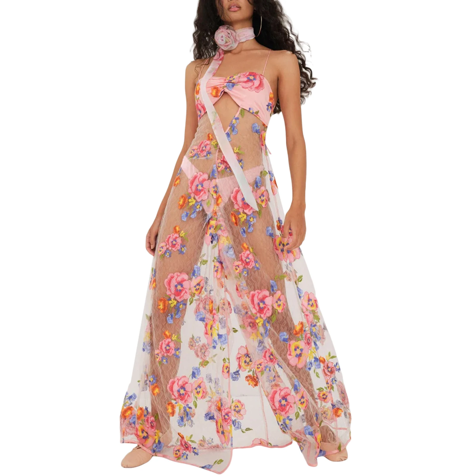 

Summer Women Bikini Cover-up Dress Sleeveless Backless Embroidery Flower Sheer Beach Dress with Choker Fairycore Beachwear