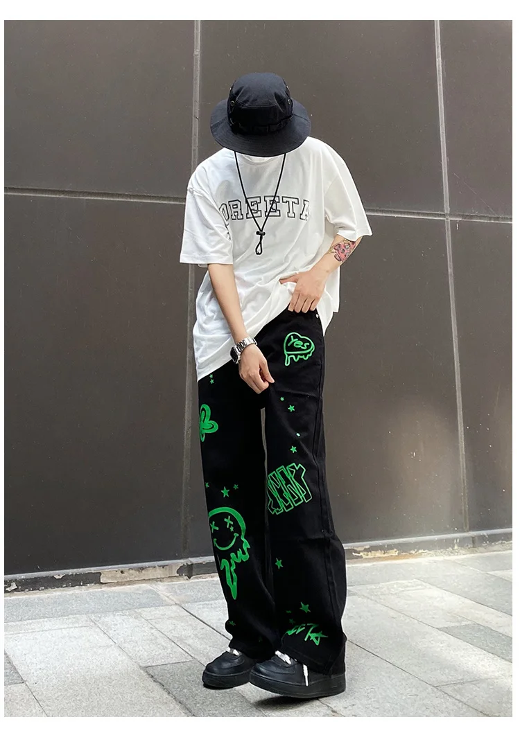 

Summer thin men's fashion famous brand versatile loose straight Summer wide leg pants clothes streetwear hiphop denim New