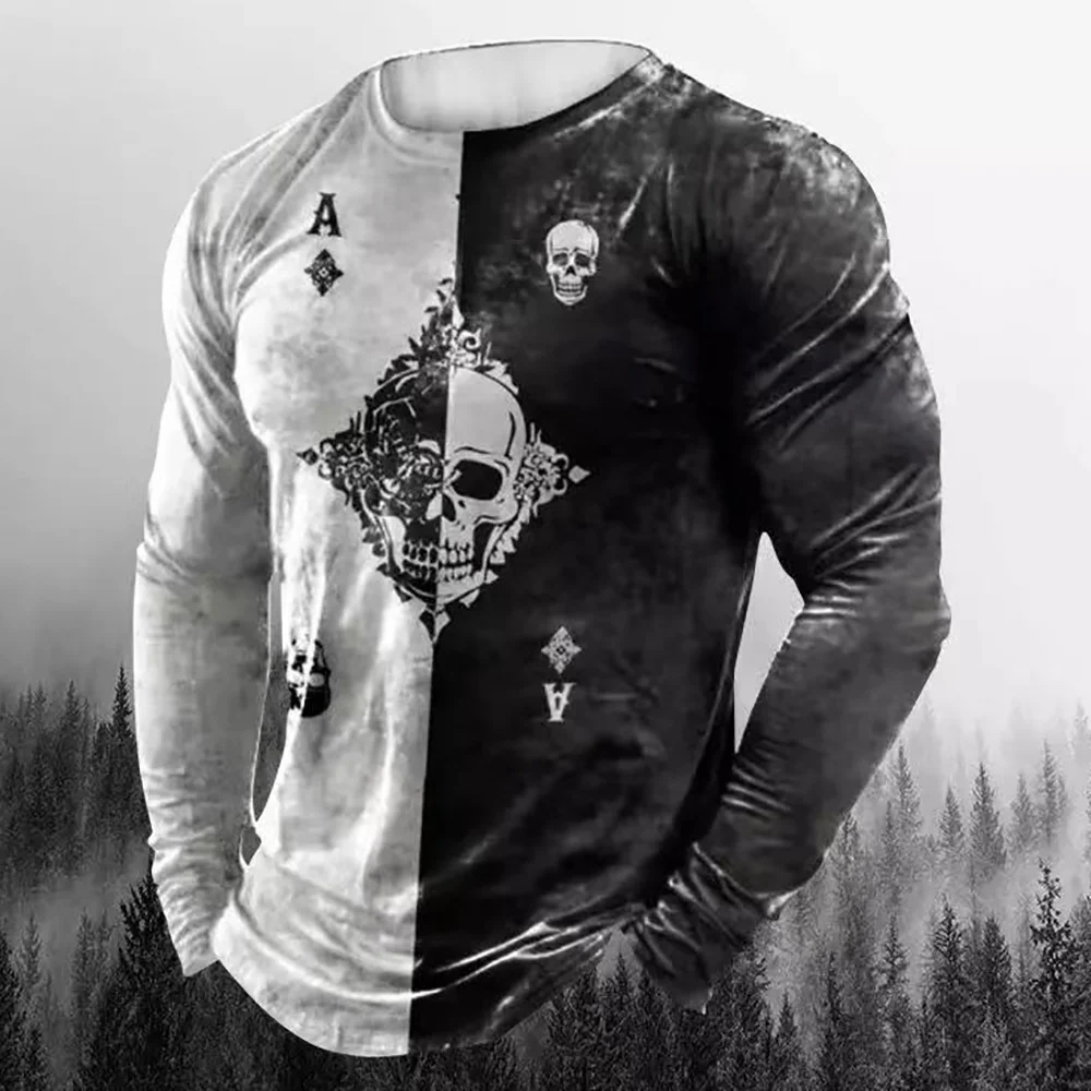 

Футболка мужская с длинным рукавом, модная тенниска с 3D-принтом покера, черепа, круглый вырез, свободная мягкая хлопковая майка в винтажном стиле, удобная рубашка, весна-осень