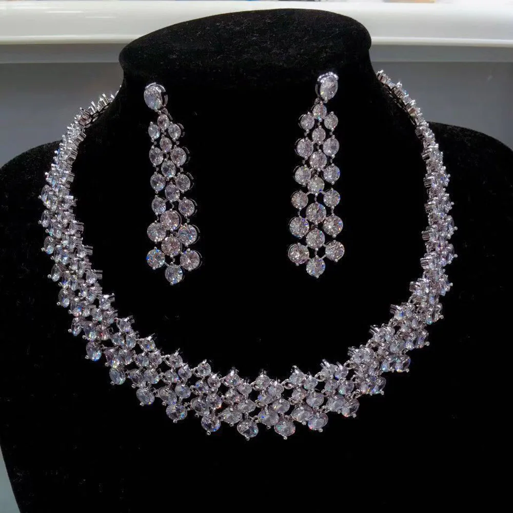 Fashion Brilliant CZ Zirconia Round Shape Drop Earrings Necklace Bridal Jewelry Sets Wedding Dress Accessories bijoux N-1870