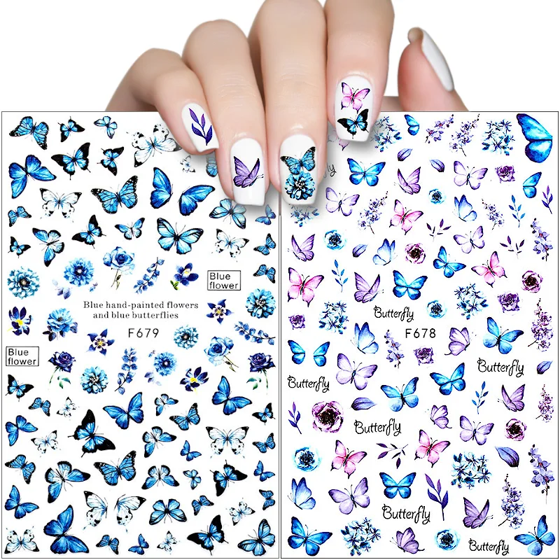 

2 листа наклейки для ногтей цветок листья дизайн маникюр 3D бабочка украшение для ногтей слайдер самоклеящиеся наклейки для ногтей