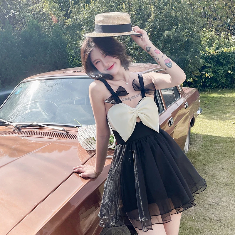 

Женский слитный купальный костюм 2022, Женская Корейская одежда для плавания, милый пылезащитный флисовый чехол с бантом и открытой спиной