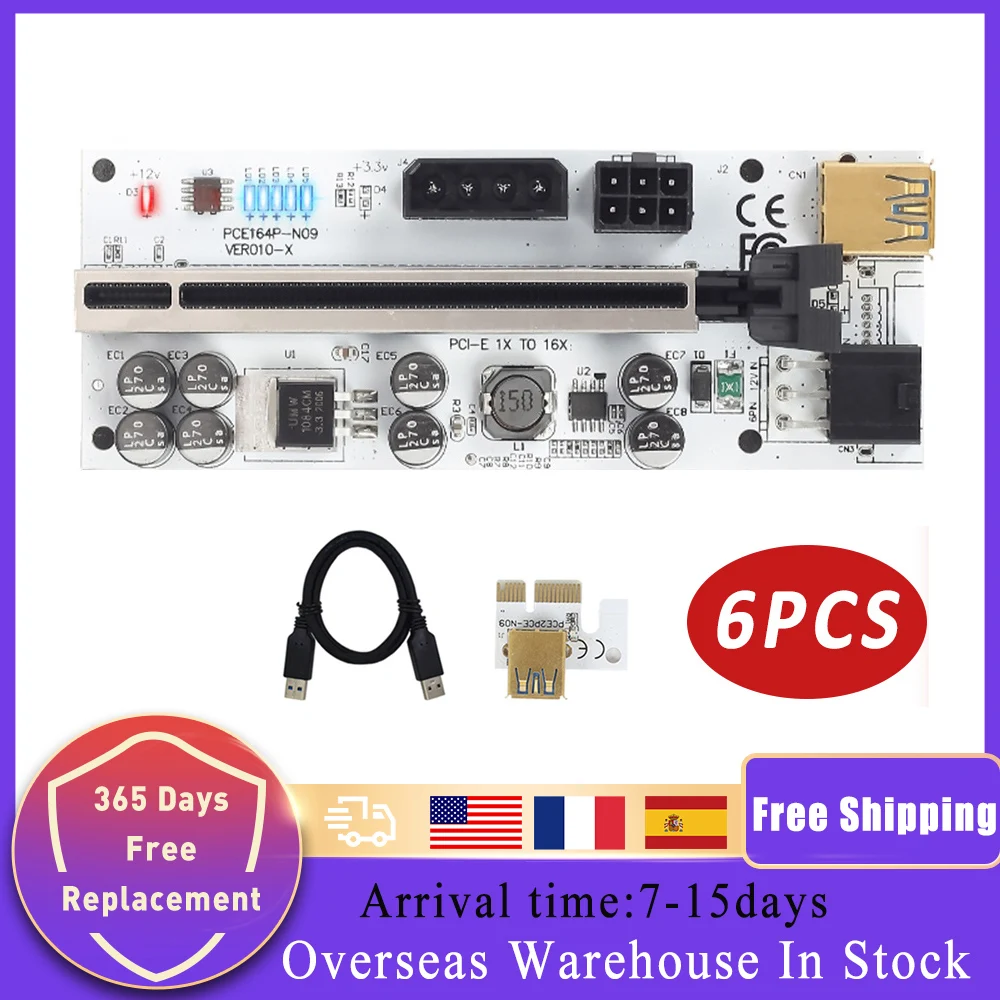 

6PCS Riser VER 010X USB 3.0 PCI-E Riser VER010-X Express Cable Riser For Video Card X16 Extender PCI-E Riser Card For Mining