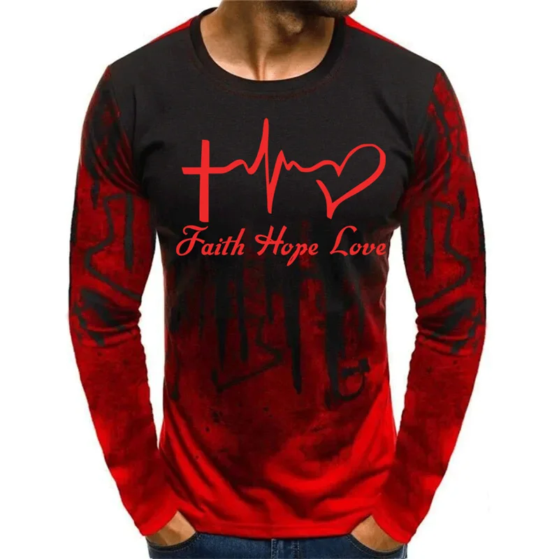 Faith Hope Love Painting Pattern T-Shirt For Men Fashion 3D Printed T Shirts Autumn Casual Loose O-Neck Tops Tees Long Sleeves