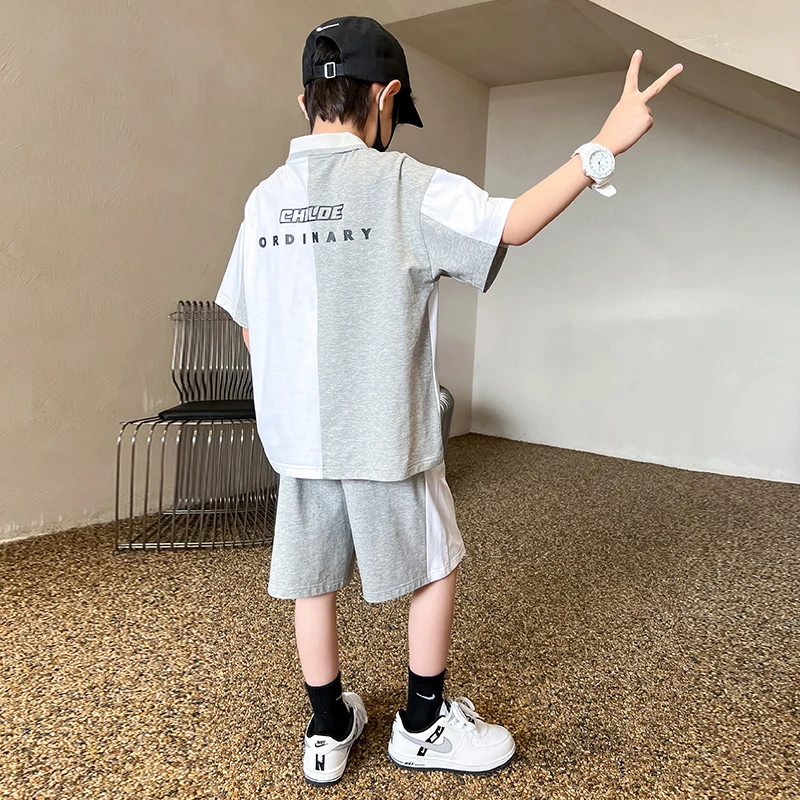 Children's Summer Clothing Set For Boys 2022 New Korean Style Kids Two-piece Tracksuit Patchwork Polo Shirt + Shorts Suit 5-14 Y