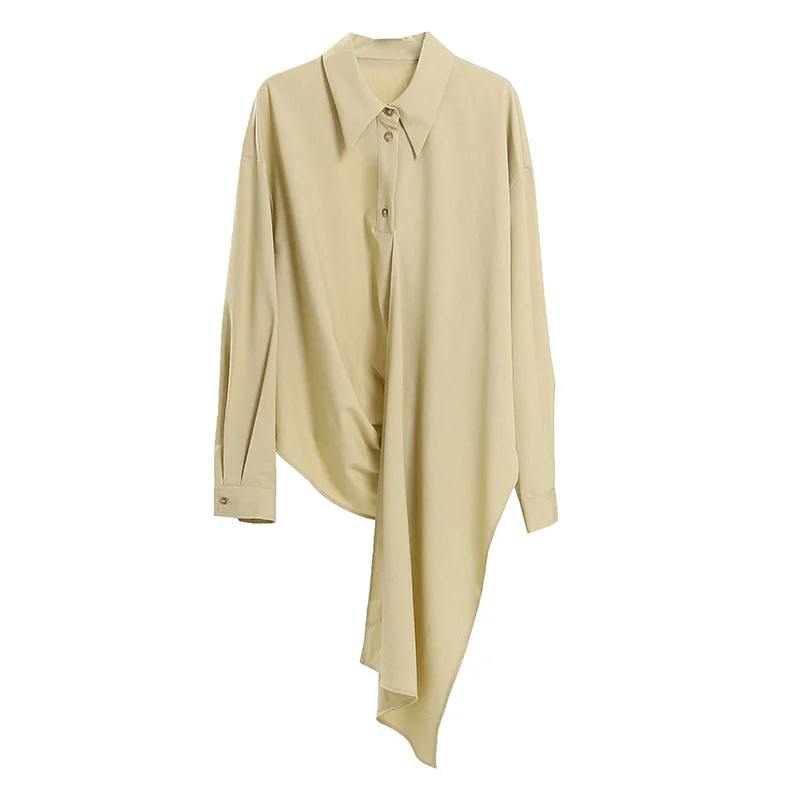 

XUXI Polo-Collar French Shirt Women Long Sleeve Thin Loose Temperament Irregular Vintage Pullover Blouses Spring 2022 E4799