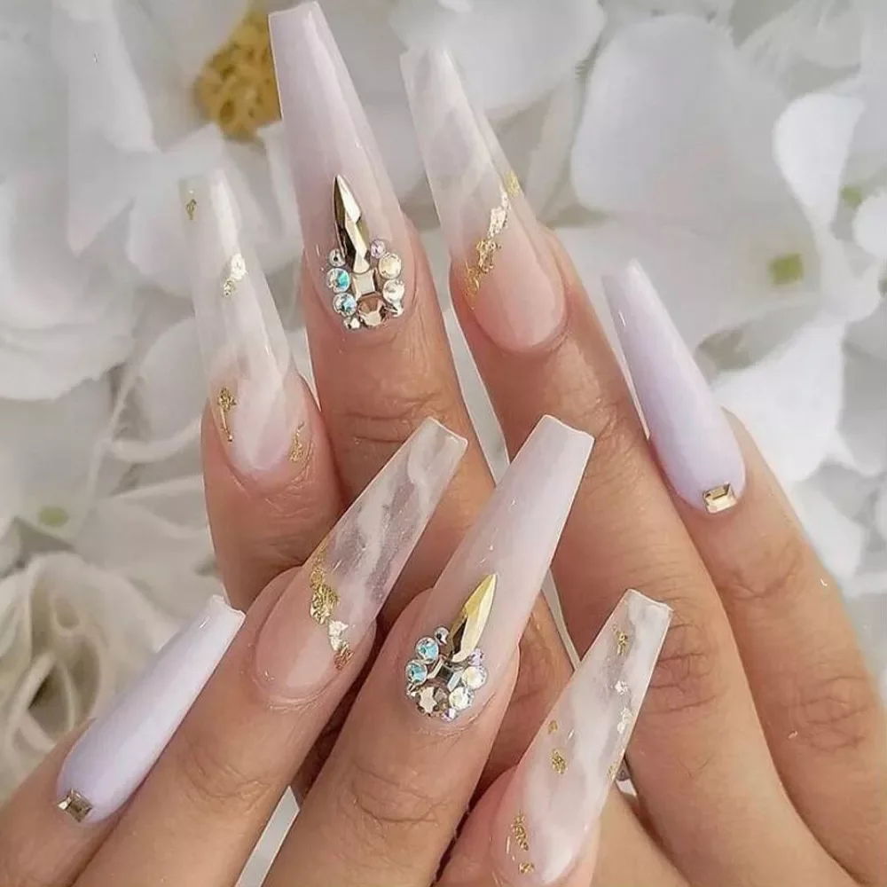 

24pcs Long Coffin False Nails Wearable Ballerina Fake Nails Orange gradient gold foil nails Full Cover Nail Tips Press On Nails