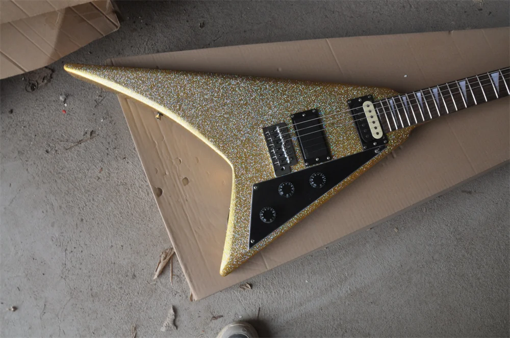 Электрическая гитара Alien V-образной формы в форме ласточкиного хвоста, под заказ, золотая, крупная зернистая, серебристая, отделка порошком, реальные фотографии, искусственная 202238