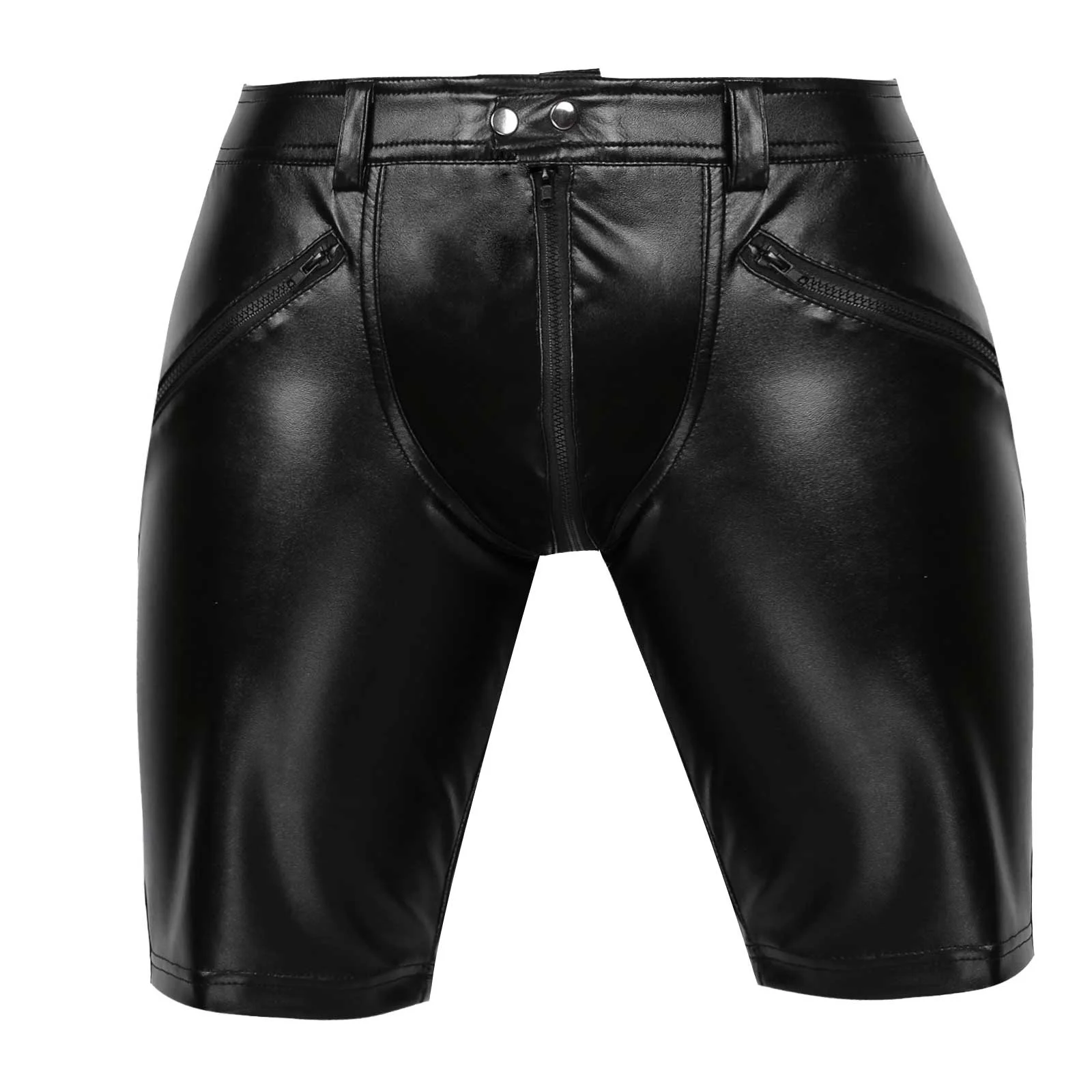 

Black Latex Pants Mens Sexy Leather Middle Pants Clubwear Workout Gym Shorts PU Leather Trousers Motorcycle Pants Strtwear