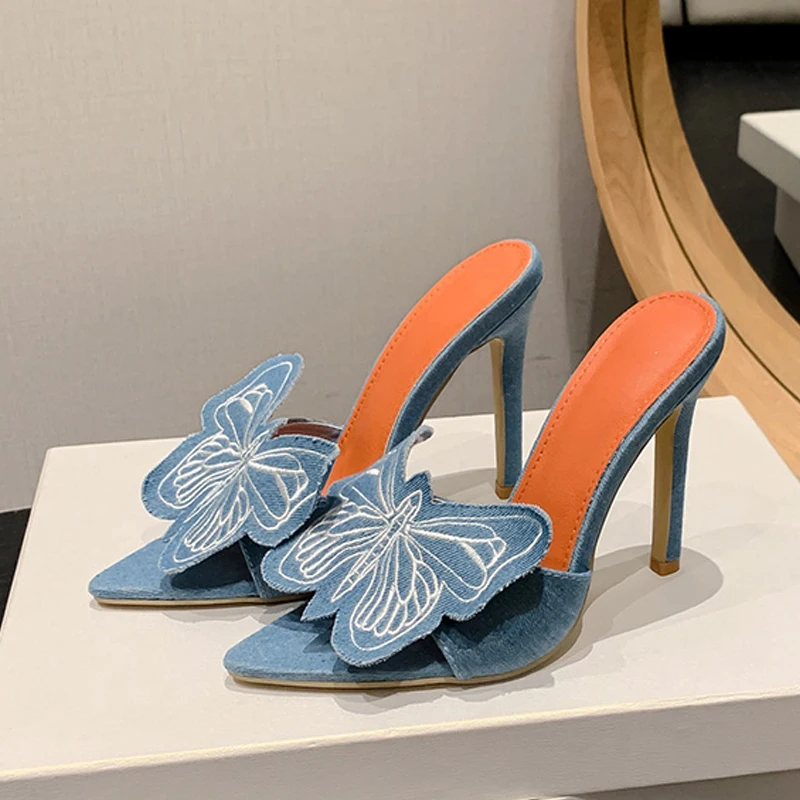 Женские джинсовые шлепанцы Liyke модные сандалии на тонком высоком каблуке с