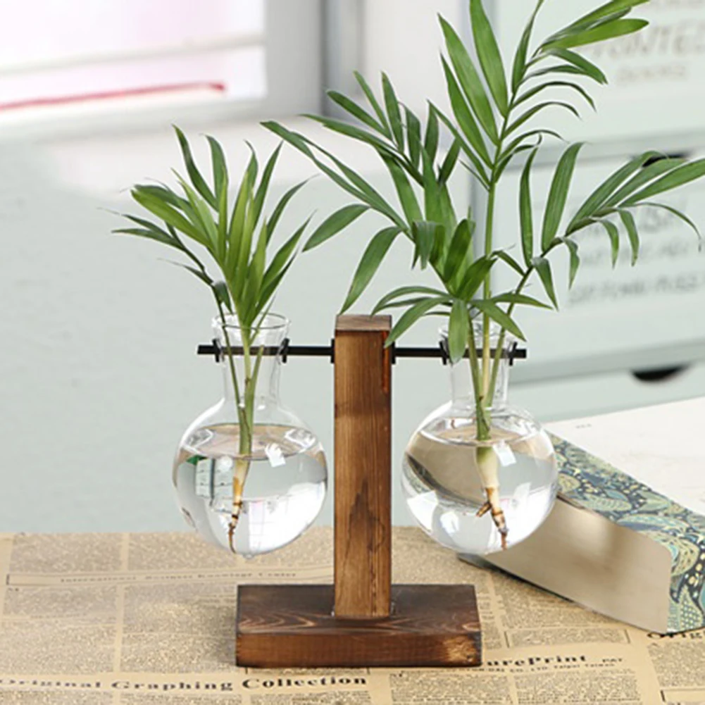 

Transparent Glass Vase Botlle Wood Frame Wrought Iron Glass Wood Vase Office Home Decoration Set Ornament Garden Decor