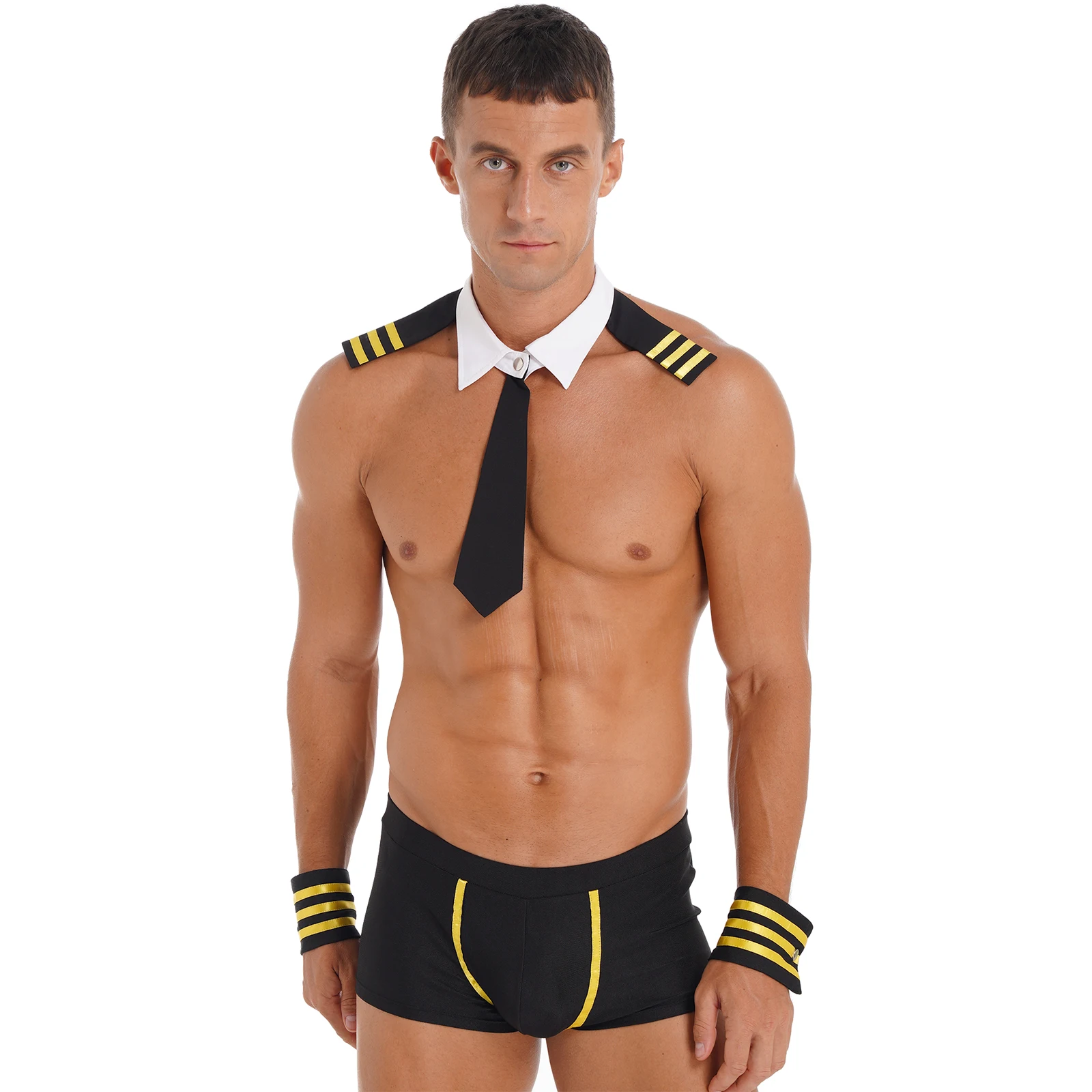 

Sexy Mens Sailor Cosplay Costume Captain Roleplay Outfit Low Rise Elastic Waistband Boxer Shorts Detachable Collar Striped Cuffs