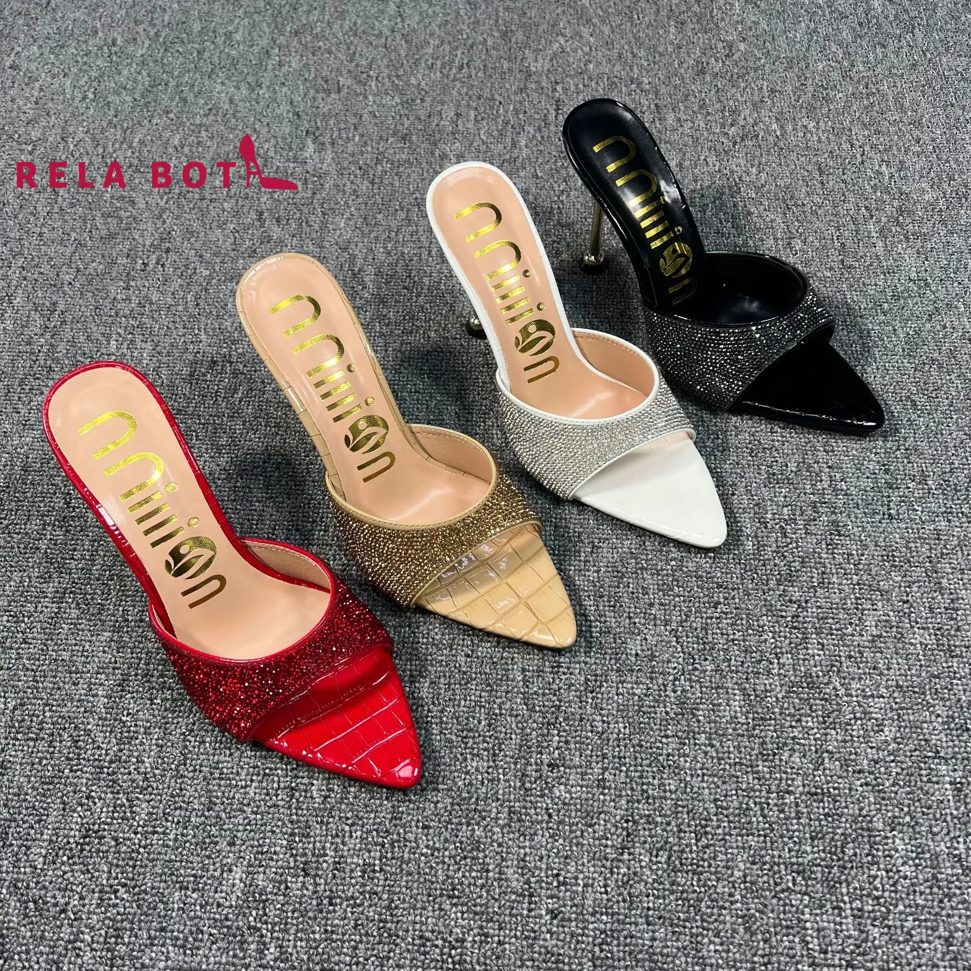 

High Heel Sandal Female INS Pointy Large Size Summer Versatile Simple Elegant Leather Rhinestone Slippers Ladies Women Sandals