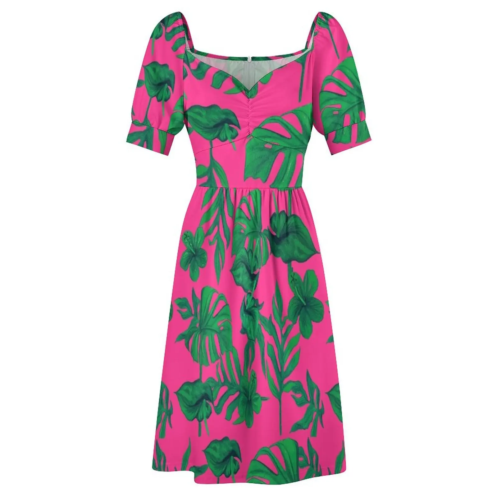 Розовое платье с короткими рукавами и тропическим узором Женские летние платья
