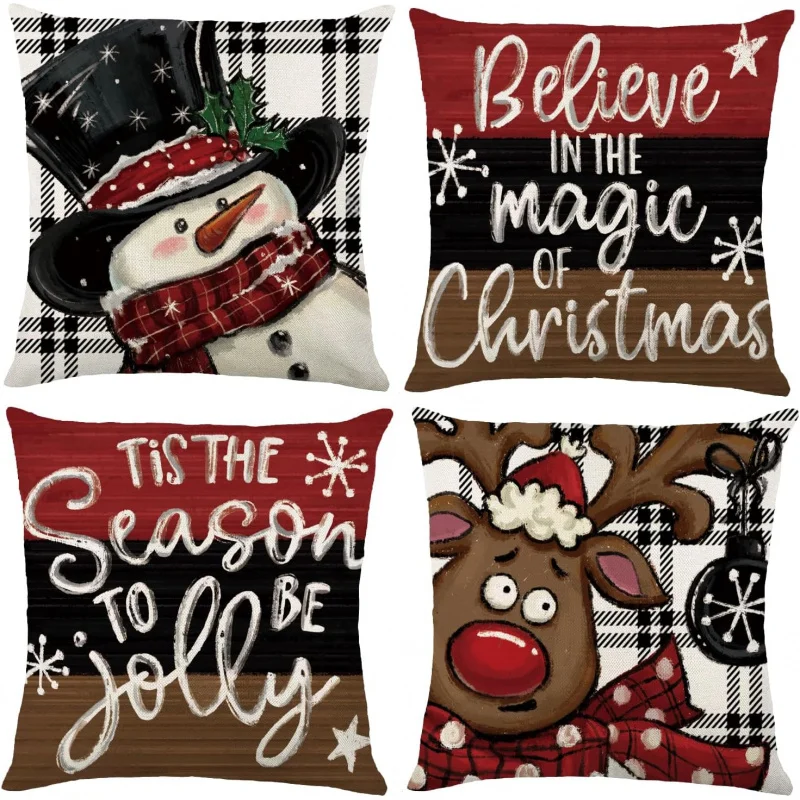 Рождественский снеговик в клетку Баффало зимние наволочки с оленями