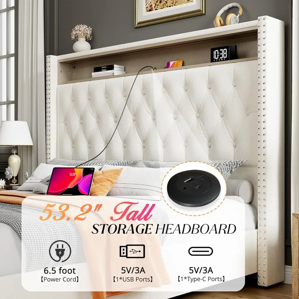 Оправа для кровати королевского размера с зарядной станцией оправа обивкой и