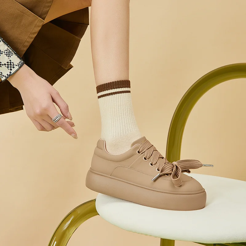 Autuspin 4.5cm Fashion Women Casual Sneakers Spring Summer Round Toe Cow Leather Vulcanized Shoes Females Outdoor Walking Shoes